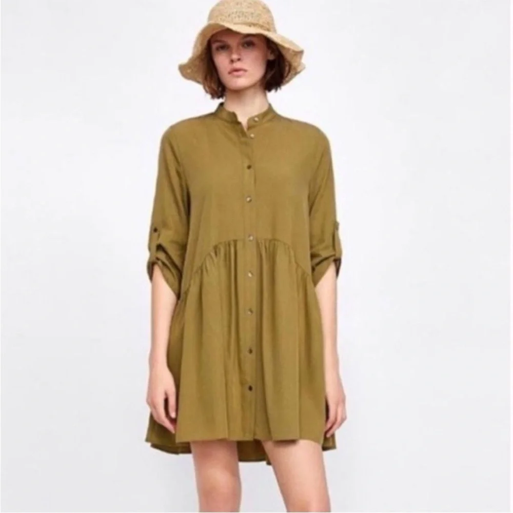 Zara Womens Shirt Dress Peplum Olive Green Roll Tab Sleeve Size S